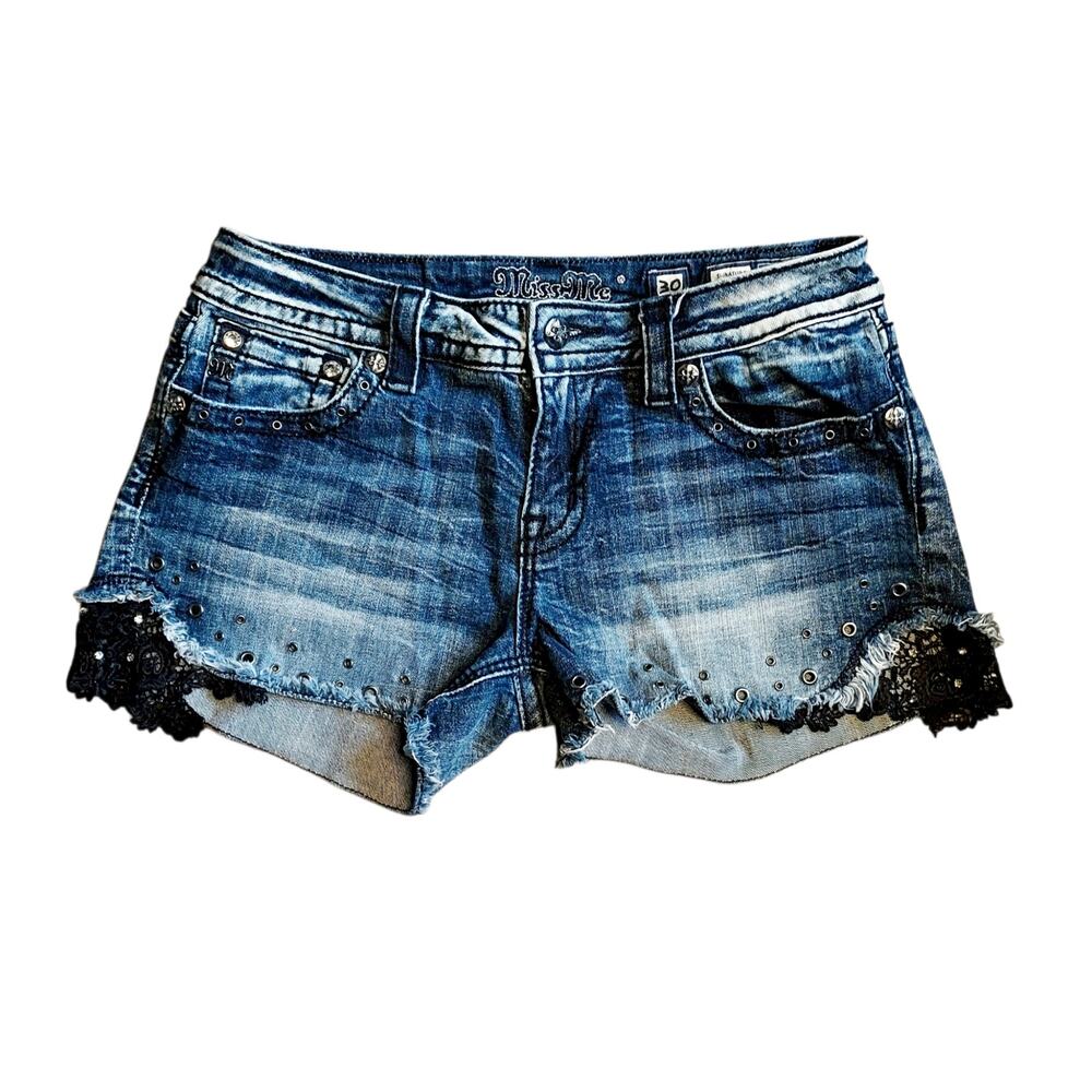 Miss Me Women's Y2K Signature Low-Rise Frayed Blue Denim Shorts Studs Lace Sz 30
